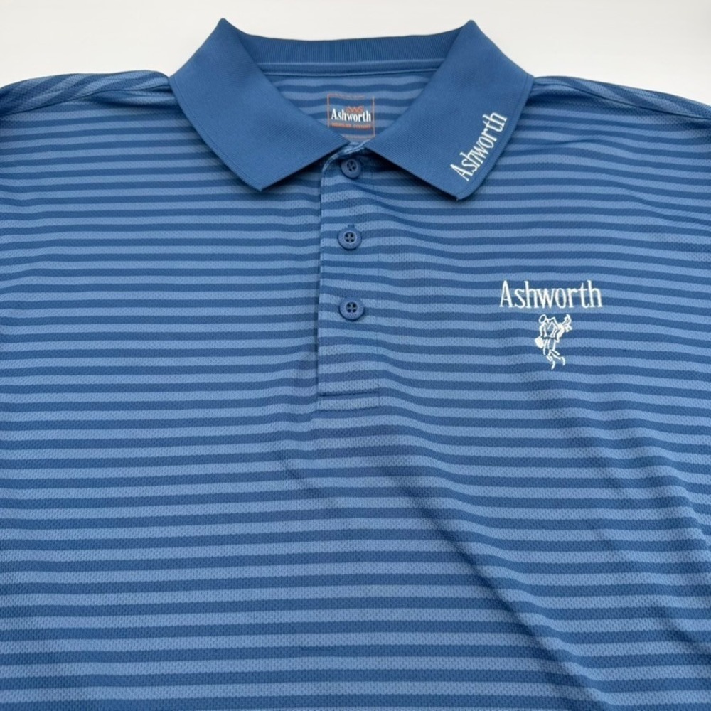 Ashworth Mens Polo Shirt Size XL Weather Systems Blue Striped Button Down Collar